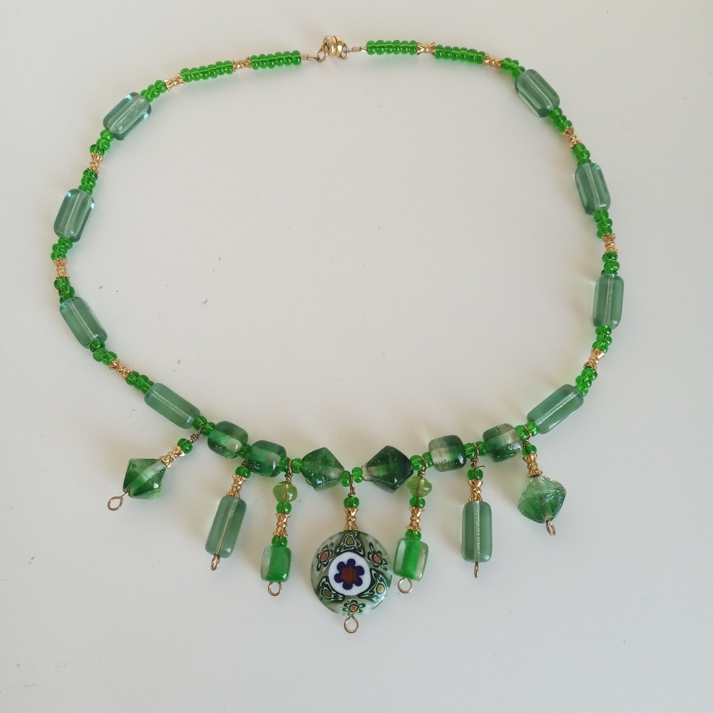Green Glass with Murano Millefiori Pendant Necklace